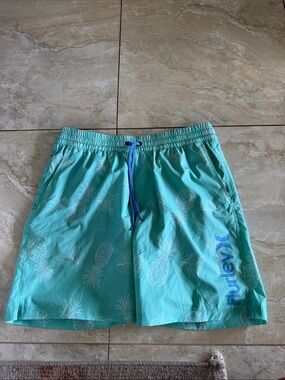 Hurley Teal Pineapple Print Athletic Swim Shorts with Blue Drawstring